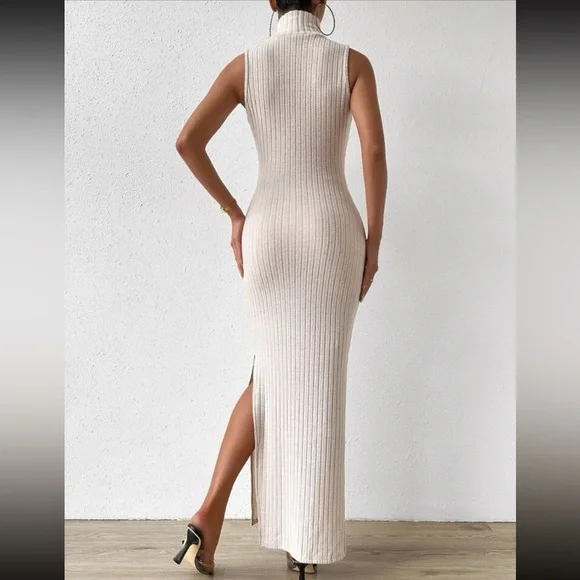 Sexy Turtleneck Split Thigh Tank Knit Dress - Picture 4 of 6